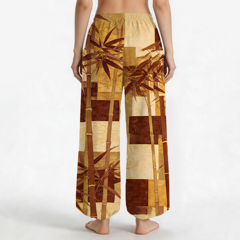 Buddha Stones Cotton Bamboo Grove Patchwork Pattern Women's Elastic Waist Harem Pants With Side Pockets - image 12