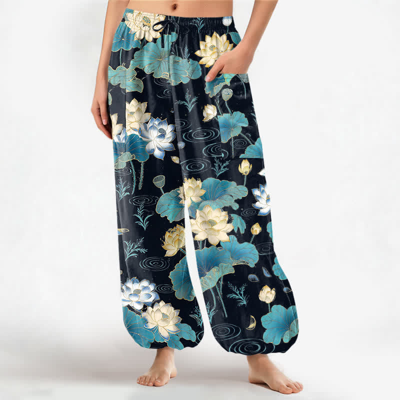 Buddha Stones Cotton Lotus Leaf Blossom Pattern Women's Elastic Waist Harem Pants With Side Pockets - Black - US16，UK/AU20，EU48 (3XL) - image 0