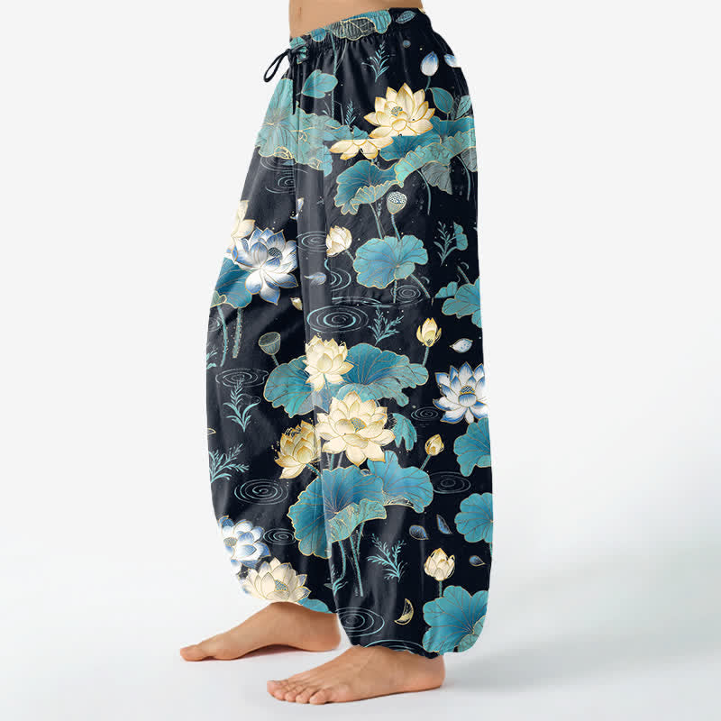 Buddha Stones Cotton Lotus Leaf Blossom Pattern Women's Elastic Waist Harem Pants With Side Pockets - image 1