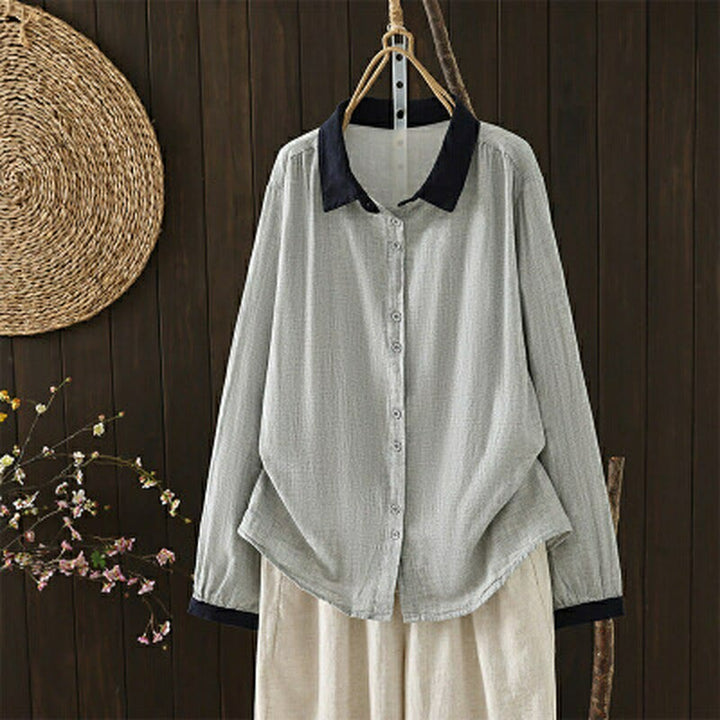 Buddha Stones Spring Casual Vintage Button-Up Contrast Collar Women's Long Sleeve Shirts - Silver - US12, UK/AU16, EU44 (3XL) - image 10