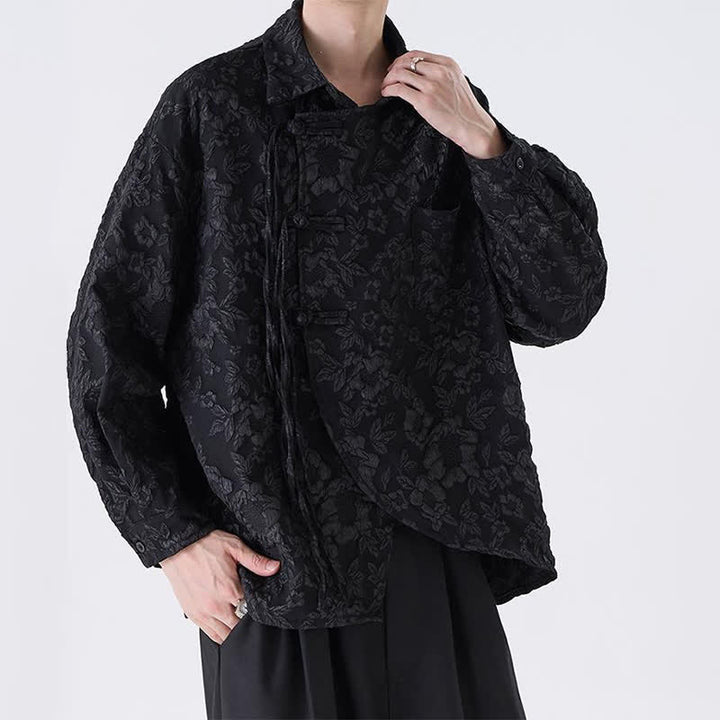 Buddha Stones Spring Fall Vintage Tang Style Frog Button Jacquard Floral Men's Long Sleeve Shirts With Patch Pocket - image 2