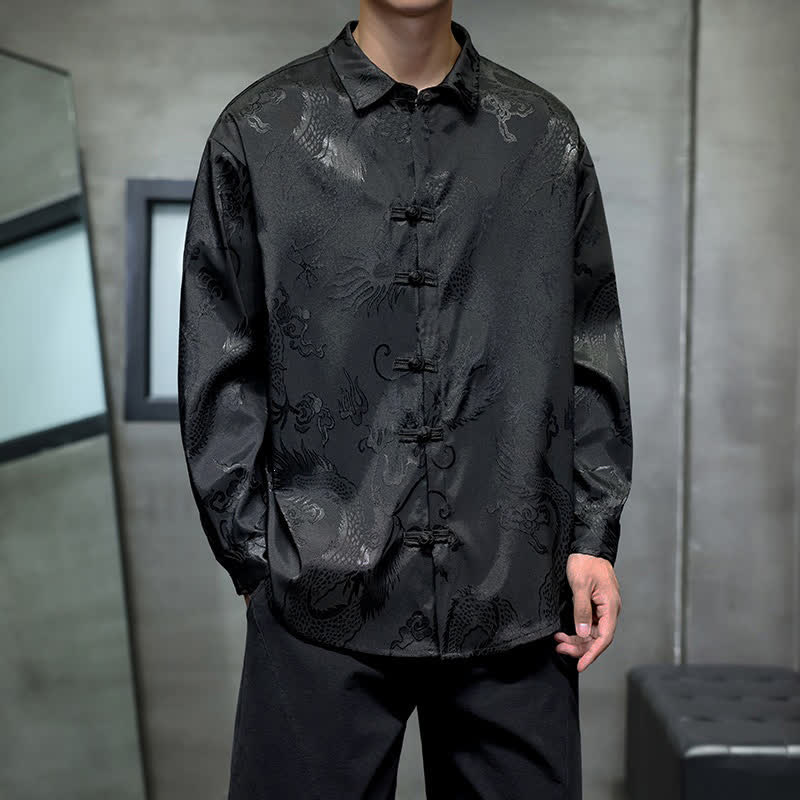 Buddha Stones Fall Tang Style Vintage Frog Button Dragon Jacquard Men's Long Sleeve Shirts - Black - US/UK/AU46, EU56 (5XL) - image 0