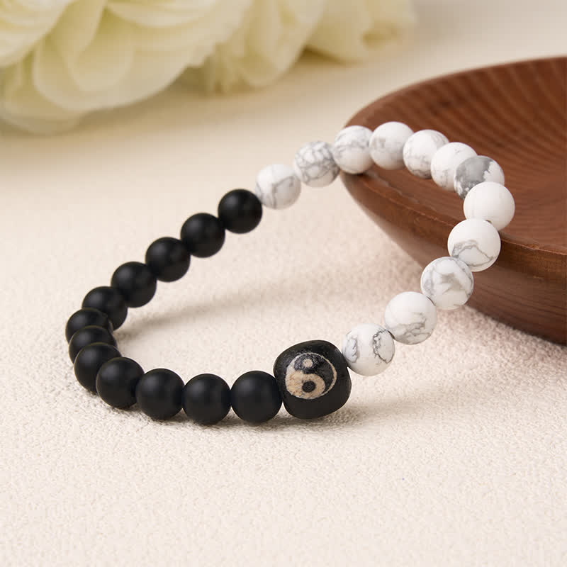 Buddha Stones Black Onyx White Turquoise Yin Yang Balance Round Bead Bracelet - image 2