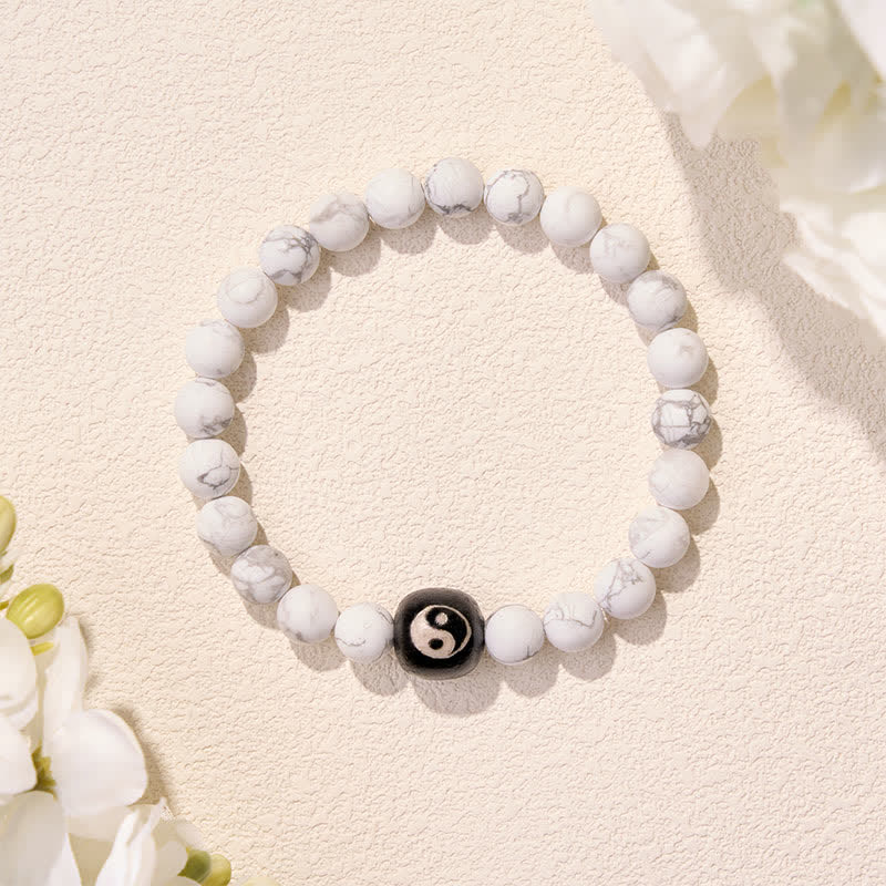 Buddha Stones Black Onyx White Turquoise Yin Yang Balance Round Bead Bracelet - image 4