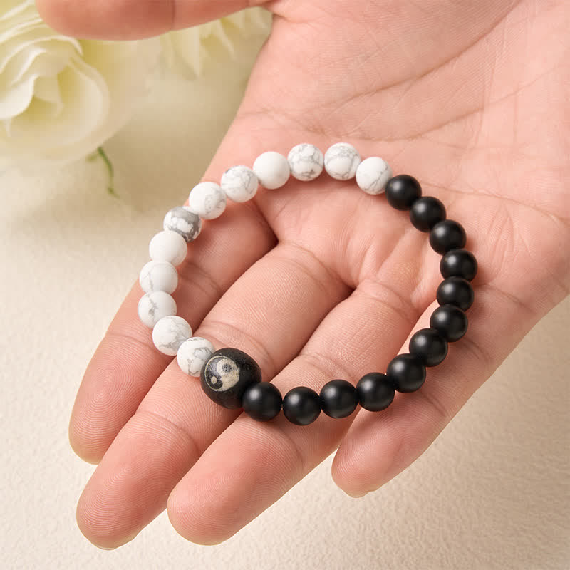 Buddha Stones Black Onyx White Turquoise Yin Yang Balance Round Bead Bracelet - image 5