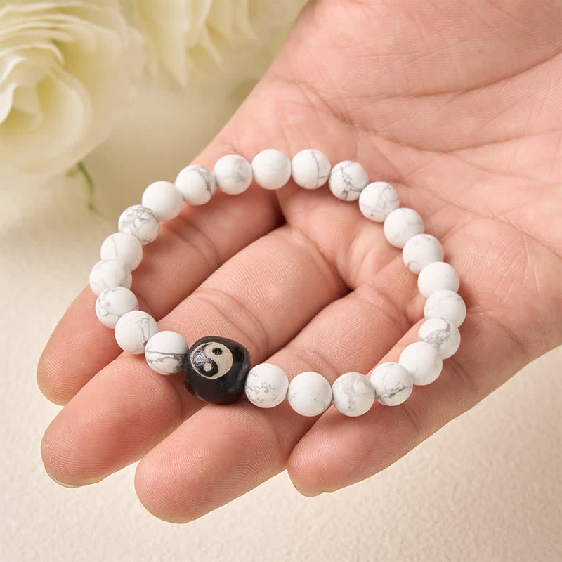 Buddha Stones Black Onyx White Turquoise Yin Yang Balance Round Bead Bracelet - image 5