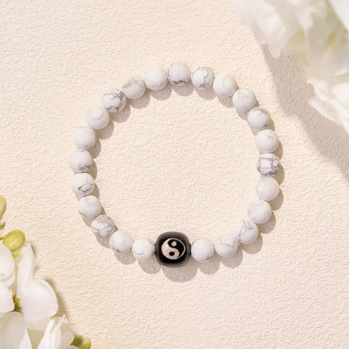 Buddha Stones Black Onyx White Turquoise Yin Yang Balance Round Bead Bracelet - image 14