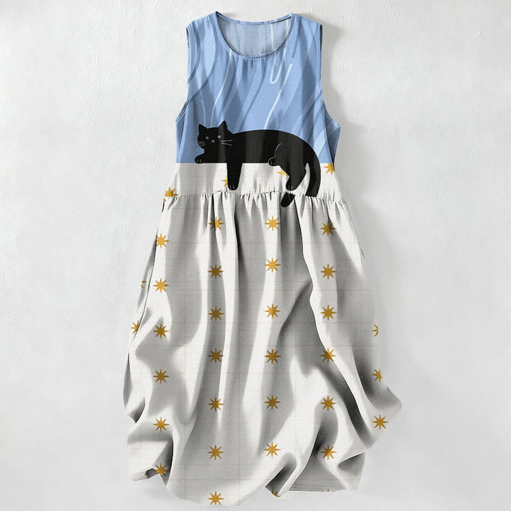 Buddha Stones Summer Casual Black Cat Stars Pattern Women's Summer Sleeveless Midi Dress With Pockets - LightSkyBlue - US16，UK/AU20，EU48 (3XL) - image 4
