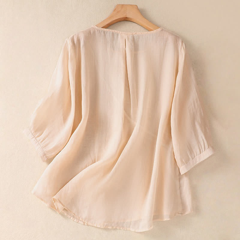 Buddha Stones Embroidered Flower Crew Neck Design Women's Half Sleeve Shirt - image 23