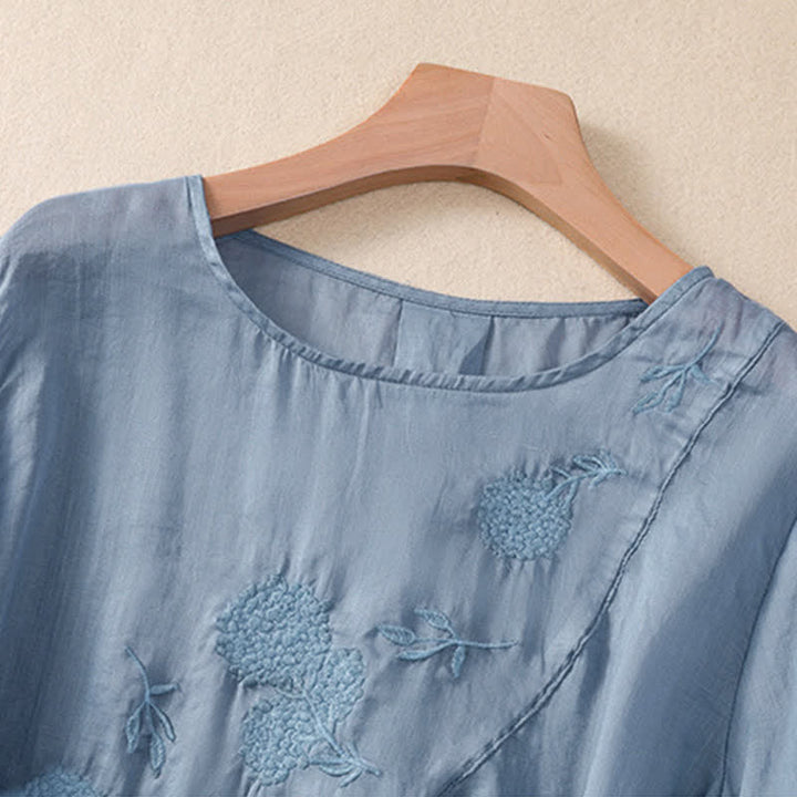 Buddha Stones Embroidered Flower Crew Neck Design Women's Half Sleeve Shirt - image 2