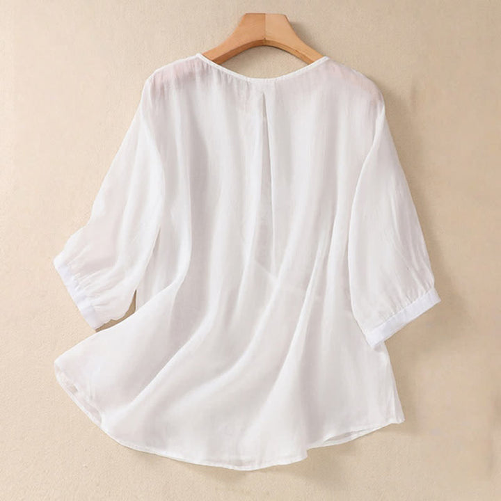 Buddha Stones Embroidered Flower Crew Neck Design Women's Half Sleeve Shirt - image 8