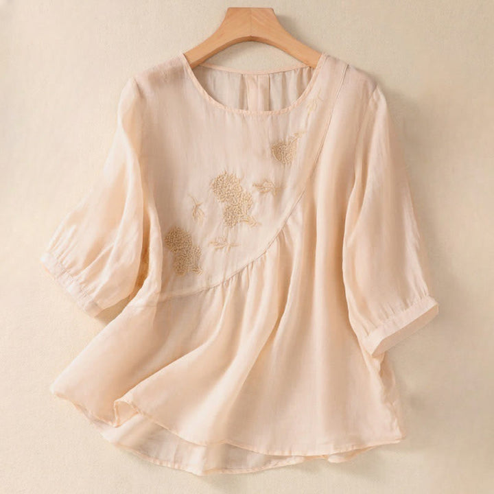 Buddha Stones Embroidered Flower Crew Neck Design Women's Half Sleeve Shirt - PapayaWhip - US8-10，UK/AU12-14，EU40-42 (2XL) - image 22