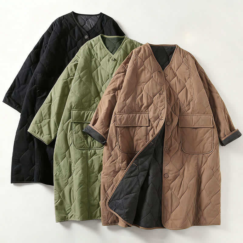 Buddha Stones Plain Buttons V-Neck Long Sleeve Women's Cotton Coat With Pockets - image 7