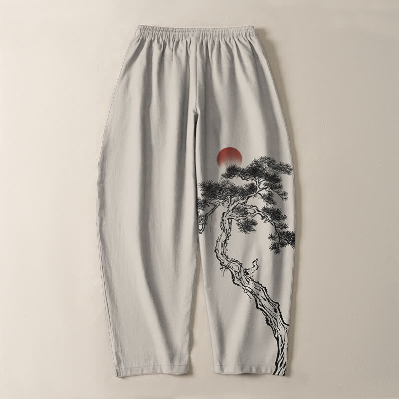 Buddha Stones Pure Cotton Ink Pine Tree Red Sun Pattern Drawstring Men's Tapered Pants With Pockets - image 3