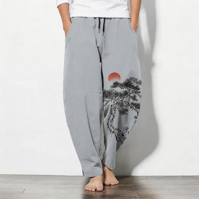 Buddha Stones Pure Cotton Ink Pine Tree Red Sun Pattern Drawstring Men's Tapered Pants With Pockets - LightSteelBlue - US/UK/AU50，EU60 (5XL) - image 7