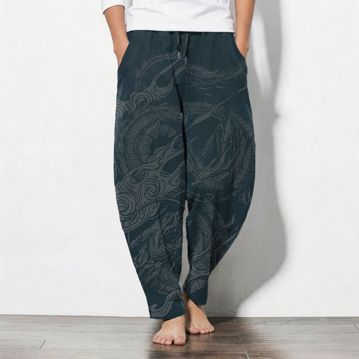 Buddha Stones Pure Cotton Mystic Dragon Wave Pattern Drawstring Men's Tapered Pants With Pockets - SteelBlue - US/UK/AU50，EU60 (5XL) - image 7