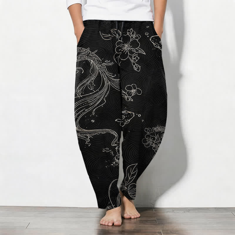 Buddha Stones Pure Cotton Koi Floral Wave Pattern Drawstring Men's Tapered Pants With Pockets - Black - US/UK/AU50，EU60 (5XL) - image 0