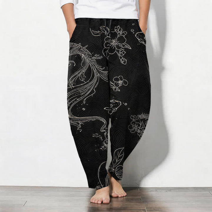 Buddha Stones Pure Cotton Koi Floral Wave Pattern Drawstring Men's Tapered Pants With Pockets - Black - US/UK/AU50，EU60 (5XL) - image 0