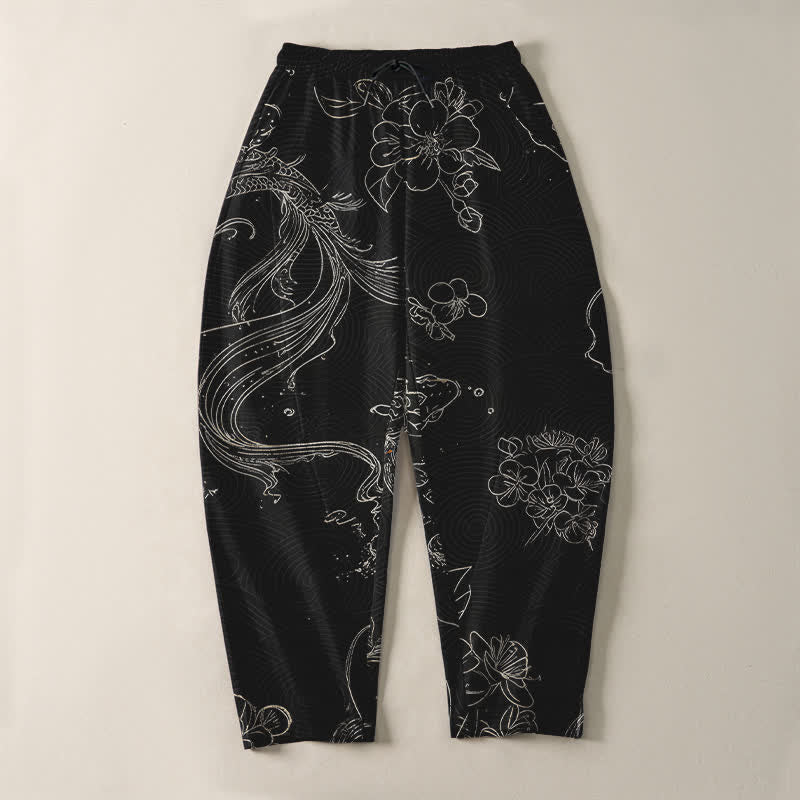 Buddha Stones Pure Cotton Koi Floral Wave Pattern Drawstring Men's Tapered Pants With Pockets - image 2