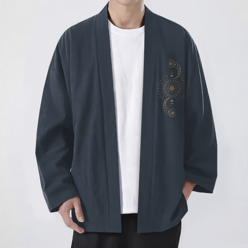 Buddha Stones Cotton Celestial Moon Phase Sun Pattern Open Front Men's Kimono - DarkSlateGray - US/UK/AU48，EU58 (4XL) - image 0