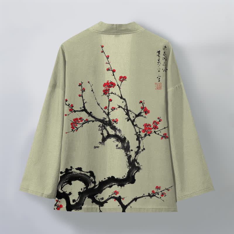 Buddha Stones Cotton Ink Plum Blossom Pattern Open Front Men's Kimono - image 8