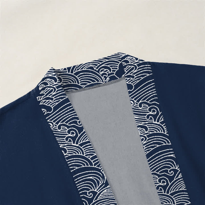 Buddha Stones Cotton Ocean Wave Trim Pattern Open Front Men's Kimono - image 3