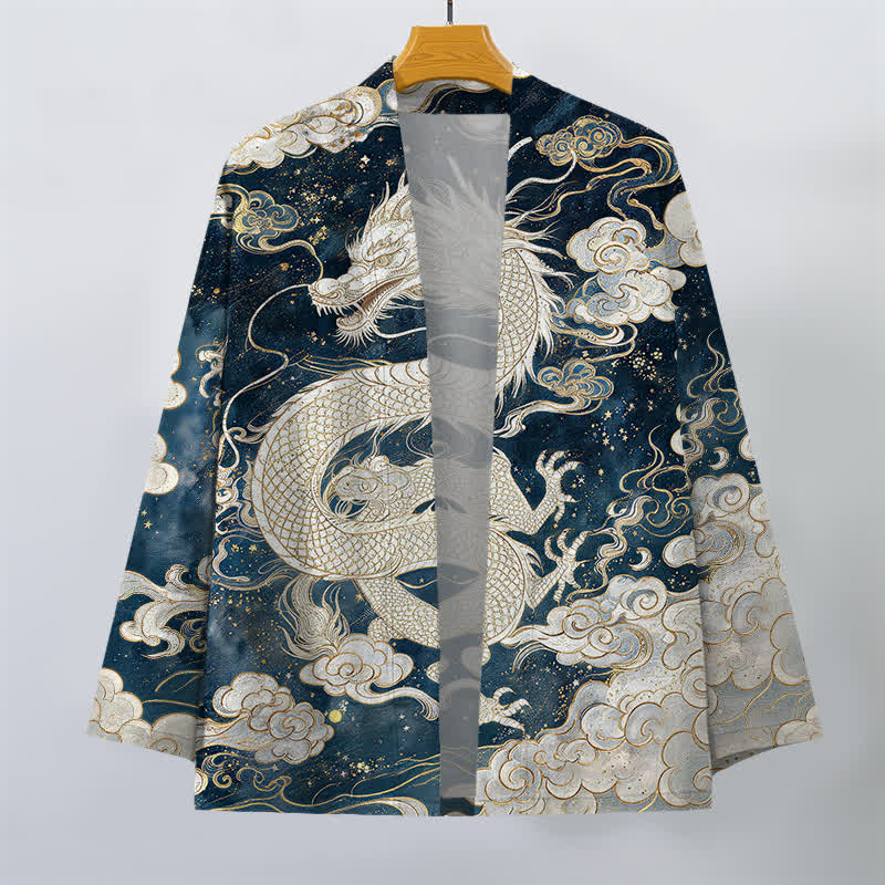 Buddha Stones Cotton Celestial Dragon Swirl Cloud Pattern Open Front Men's Kimono - image 1