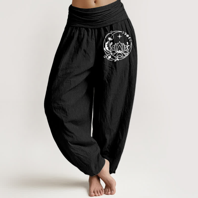 Buddha Stones Pure Cotton Zen Lotus Circle Pattern Women's Elastic Waist Harem Pants - Black - US16，UK/AU20，EU48 (3XL) - image 5