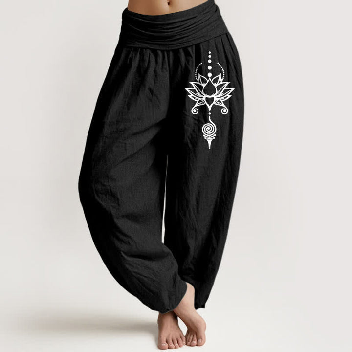 Buddha Stones Pure Cotton Zen Lotus Geometry Pattern Women's Elastic Waist Harem Pants - Black - US16，UK/AU20，EU48 (3XL) - image 5