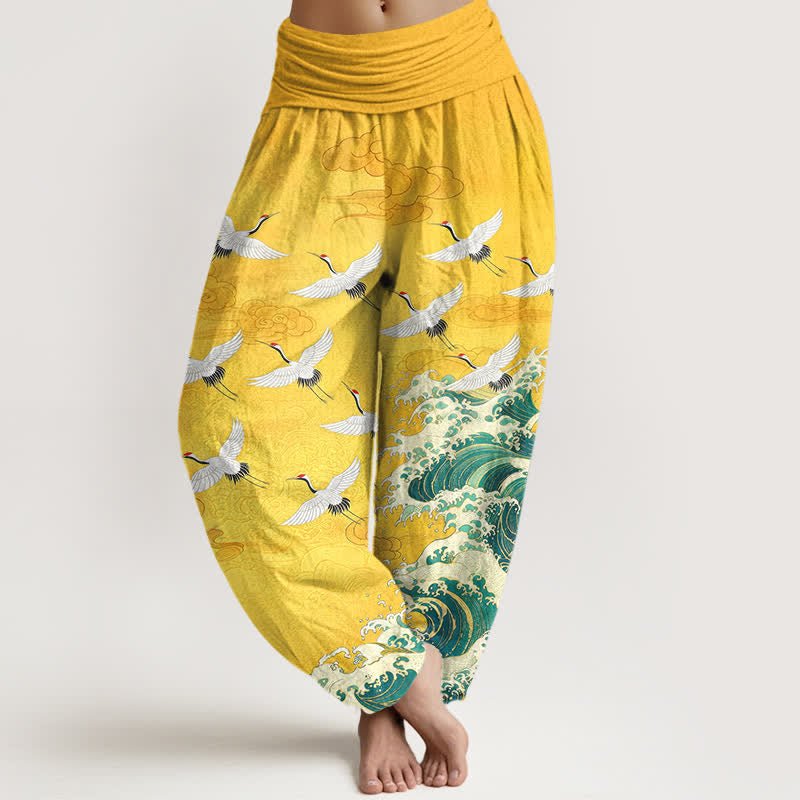Buddha Stones Cotton White Crane Sea Wave Pattern Women's Elastic Waist Harem Pants - Gold - US16，UK/AU20，EU48 (3XL) - image 0