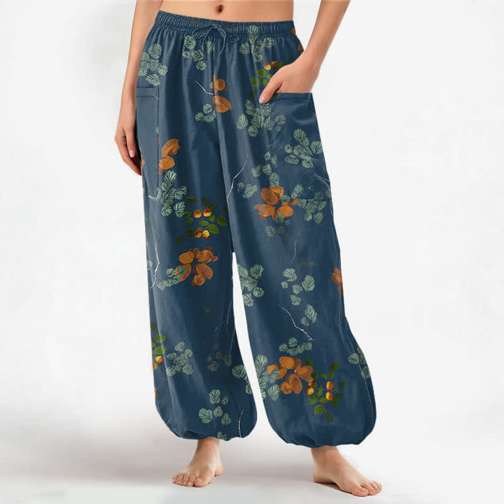 Buddha Stones Cotton Bohemian Botanical Floral Pattern Women's Elastic Waist Harem Pants With Side Pockets - SteelBlue - US16，UK/AU20，EU48 (3XL) - image 10