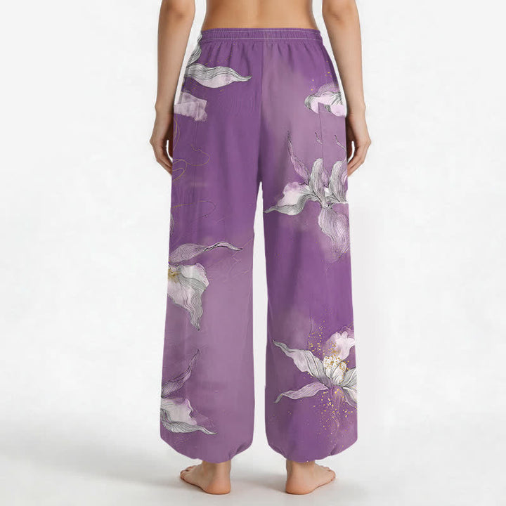 Buddha Stones Cotton Vintage White Floral Pattern Women's Elastic Waist Harem Pants With Side Pockets - image 2