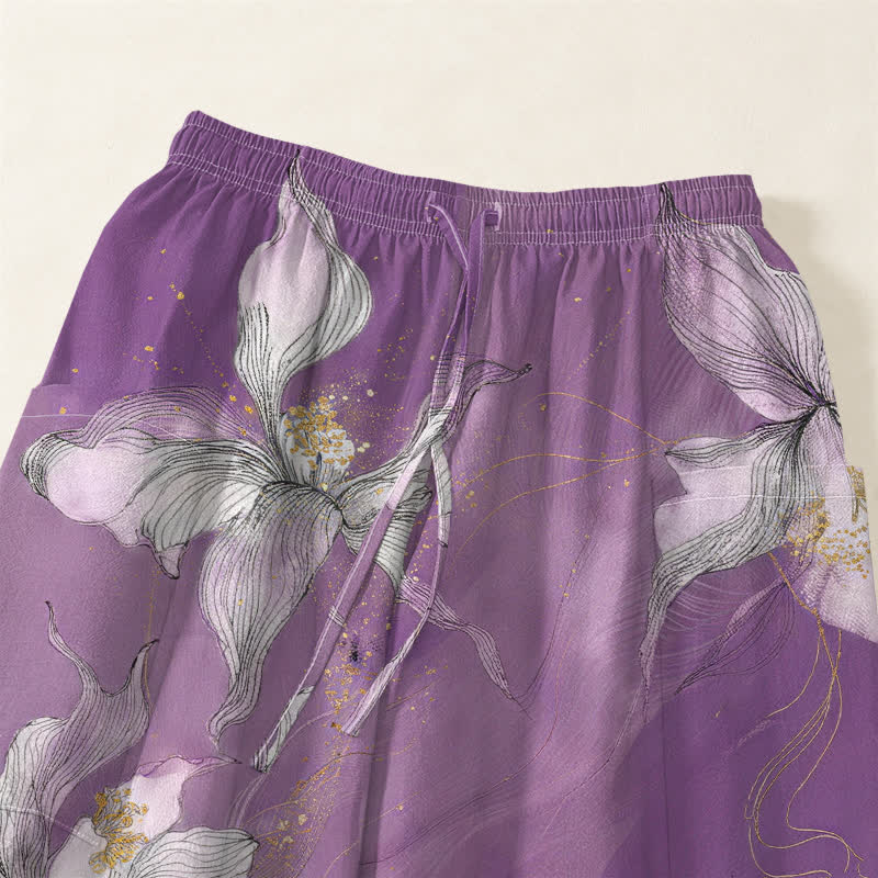 Buddha Stones Cotton Vintage White Floral Pattern Women's Elastic Waist Harem Pants With Side Pockets - image 5