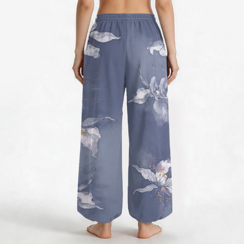 Buddha Stones Cotton Vintage White Floral Pattern Women's Elastic Waist Harem Pants With Side Pockets - image 9