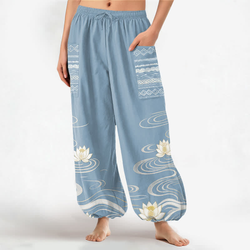 Buddha Stones Cotton Lotus Ripple Pattern Women's Elastic Waist Harem Pants With Side Pockets - LightSkyBlue - US16，UK/AU20，EU48 (3XL) - image 0