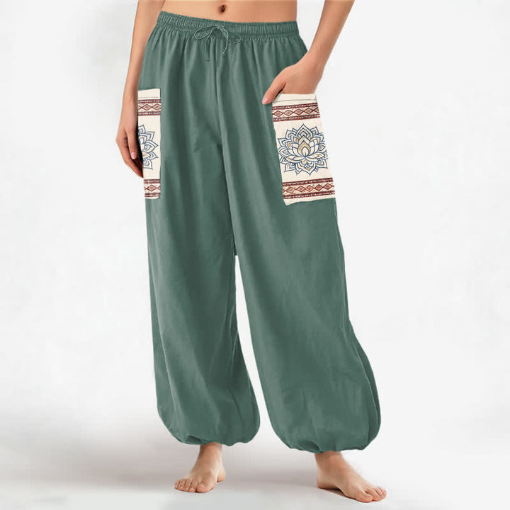 Buddha Stones Cotton Bohemian Lotus Mandala Pattern Women's Elastic Waist Harem Pants With Side Pockets - MediumAquamarine - US16，UK/AU20，EU48 (3XL) - image 7