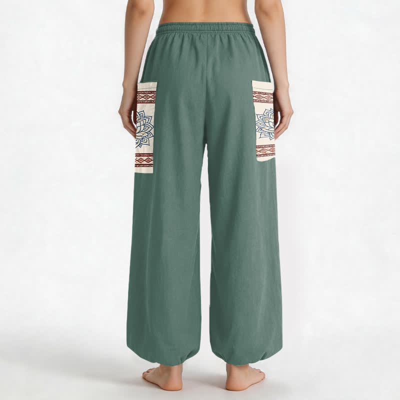 Buddha Stones Cotton Bohemian Lotus Mandala Pattern Women's Elastic Waist Harem Pants With Side Pockets - image 9