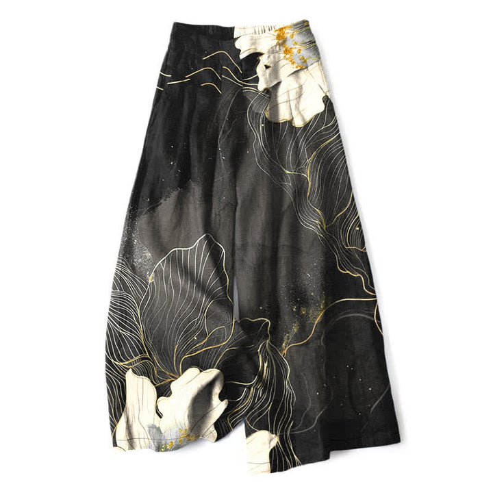 Buddha Stones Cotton Linen Artistic White Floral Pattern Women's Elastic Waist Wide Leg Pants With Pockets - Black - US16，UK/AU20，EU48 (3XL) - image 6