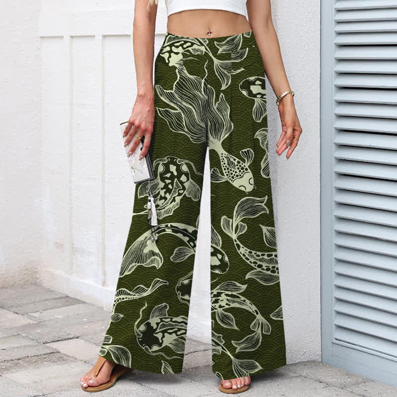 Buddha Stones Cotton Linen Artistic Koi Pond Pattern Women's Elastic Waist Wide Leg Pants With Pockets - image 7