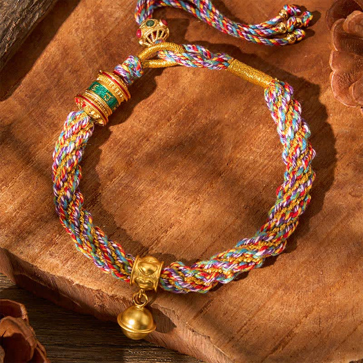 Buddha Stones Tibetan Om Mani Padme Hum Strength Bell Charm Multicolor Braided Rope Bracelet - image 3
