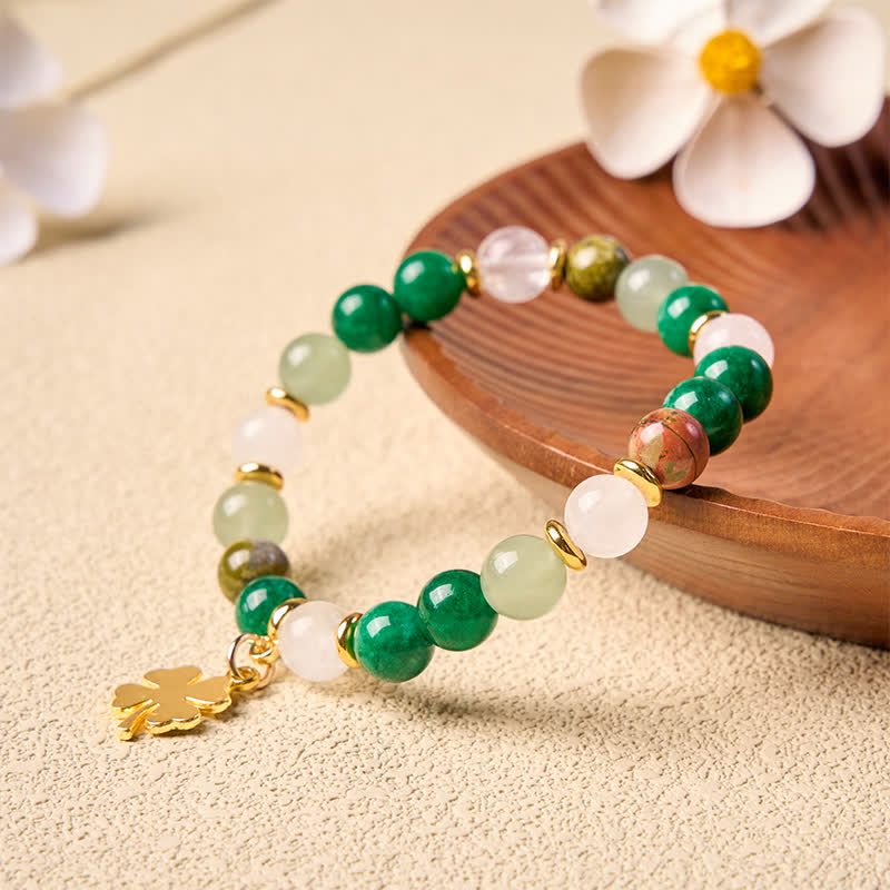 Buddha Stones Green Aventurine Four-leaf Clover Luck Round Beaded Bracelet - image 9