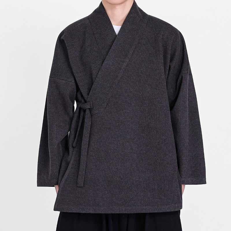 Buddha Stones Fall Winter Classic Minimalist Solid Corduroy Men's Kimonos - DimGray - US/UK/AU46，EU56 (5XL) - image 4