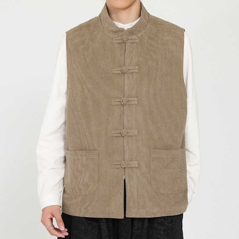 Buddha Stones Fall Winter Vintage Tang Style Frog Button Solid Corduroy Tank Top Style Men's Vests With Pocket - image 1
