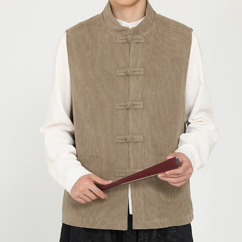 Buddha Stones Fall Winter Vintage Tang Style Frog Button Solid Corduroy Tank Top Style Men's Vests With Pocket - BurlyWood - US/UK/AU46，EU56 (5XL) - image 0
