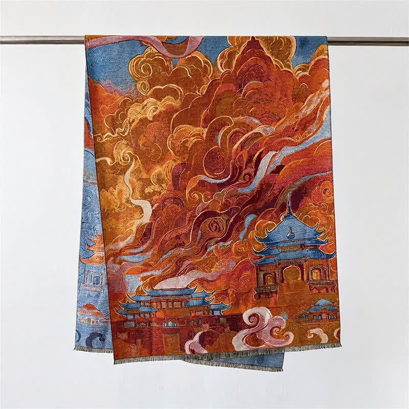 Buddha Stones Fall Winter Lotus Mountain Waves Dunhuang Color Pattern Soft Shawl - Orange Auspicious Clouds - 70*188cm - image 10