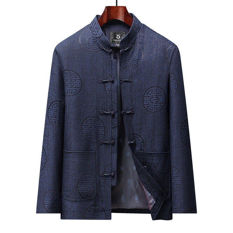 Buddha Stones Fall Winter Vintage Tang Style Frog Button Geometric Men's Jackets With Pocket - Navy - US/UK/AU44，EU54 (4XL) - image 0