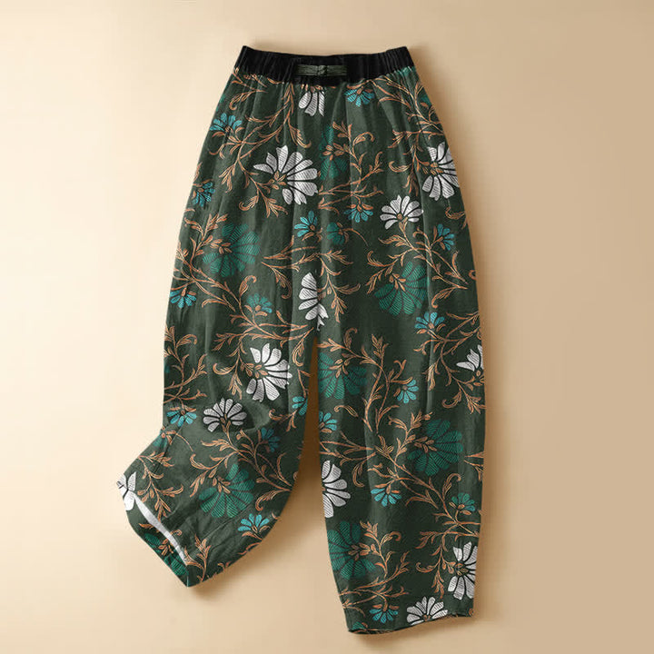 Buddha Stones Pure Cotton Botanical Flower Leaf Pattern Frog Button Women's Elastic Waist Harem Pants With Pockets - SeaGreen - US16，UK/AU20，EU48 (3XL) - image 5