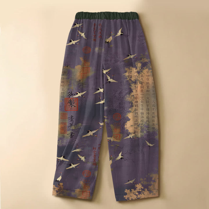Buddha Stones Pure Cotton Vintage Crane Calligraphy Pattern Frog Button Women's Elastic Waist Harem Pants With Pockets - image 8