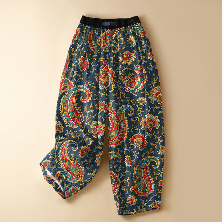 Buddha Stones Pure Cotton Retro Floral Scroll Pattern Frog Button Women's Elastic Waist Harem Pants With Pockets - Navy - US16，UK/AU20，EU48 (3XL) - image 7
