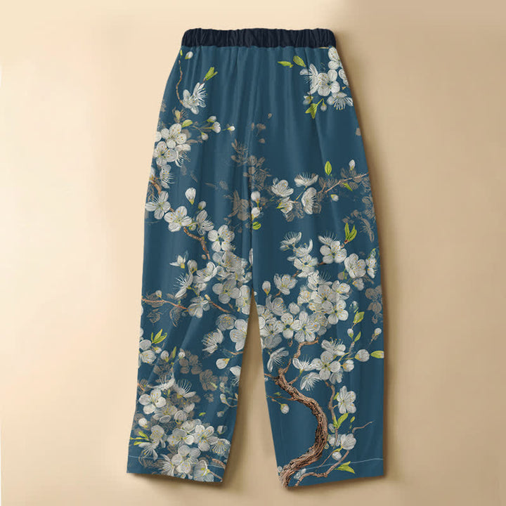 Buddha Stones Pure Cotton Vintage Floral Branch Pattern Frog Button Women's Elastic Waist Harem Pants With Pockets - image 6